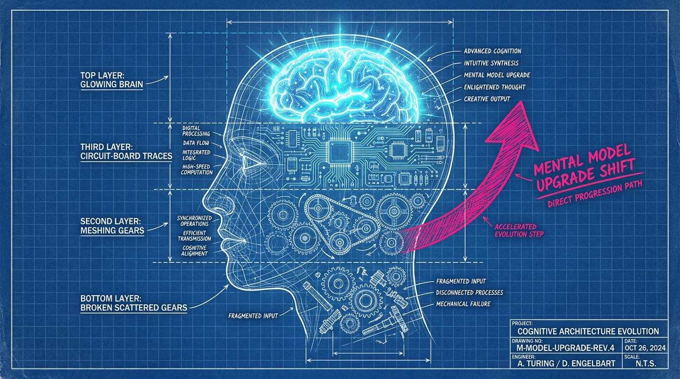 Diagrama blueprint de uma cabeça com 4 camadas (engrenagens quebradas, engrenagens, circuito, cérebro), evolução do modelo mental em IA
