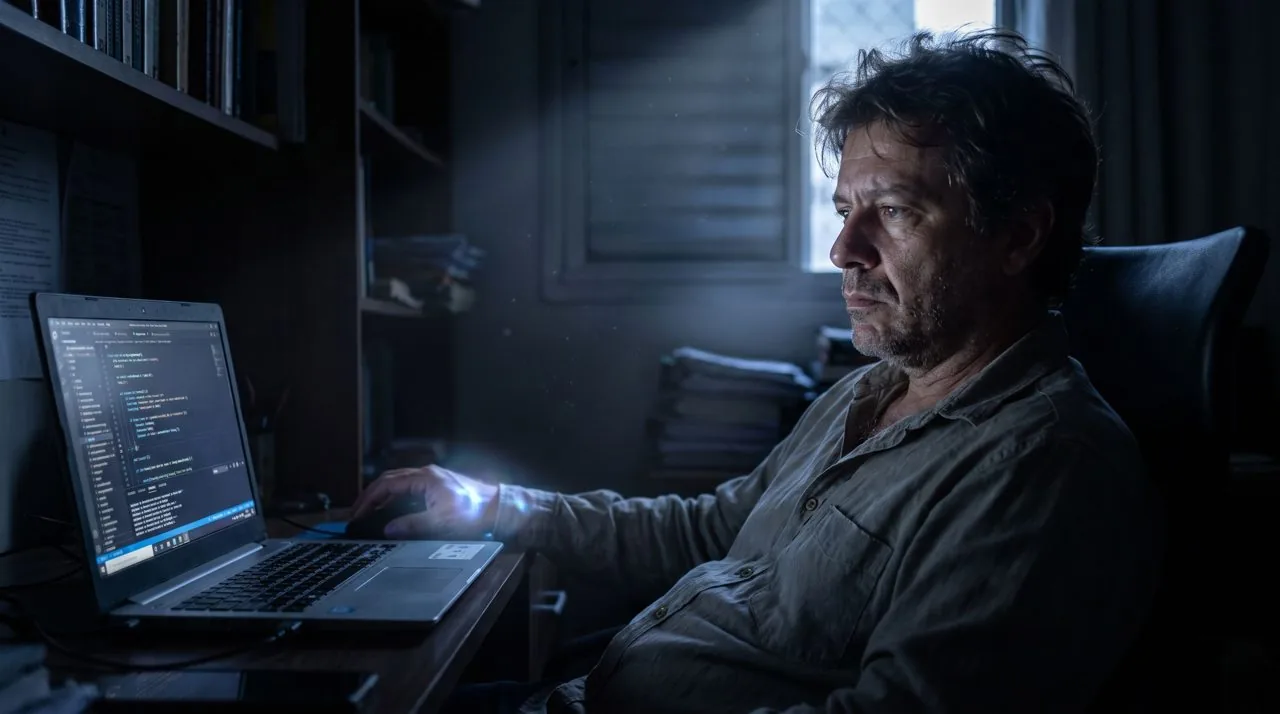 Foto: um profissional no home office à noite, o rosto iluminado só pela luz fria da tela