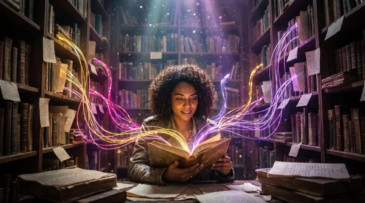 Biblioteca viva do Guia Nada Definitivo de Marketing, luz nascendo das páginas