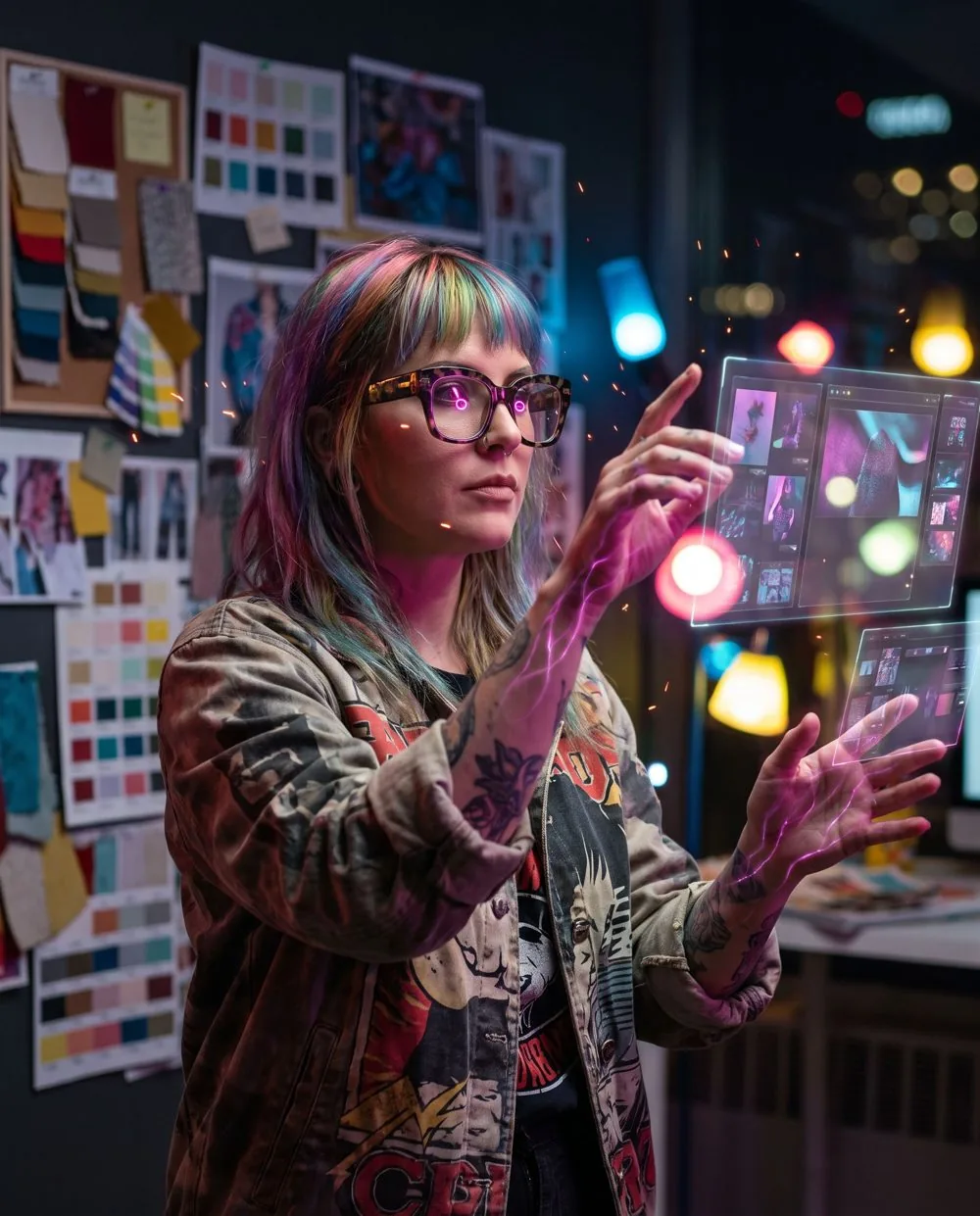 Retrato: diretora de arte de blazer colorido, os dedos acendendo sobre o tablet num estúdio criativo