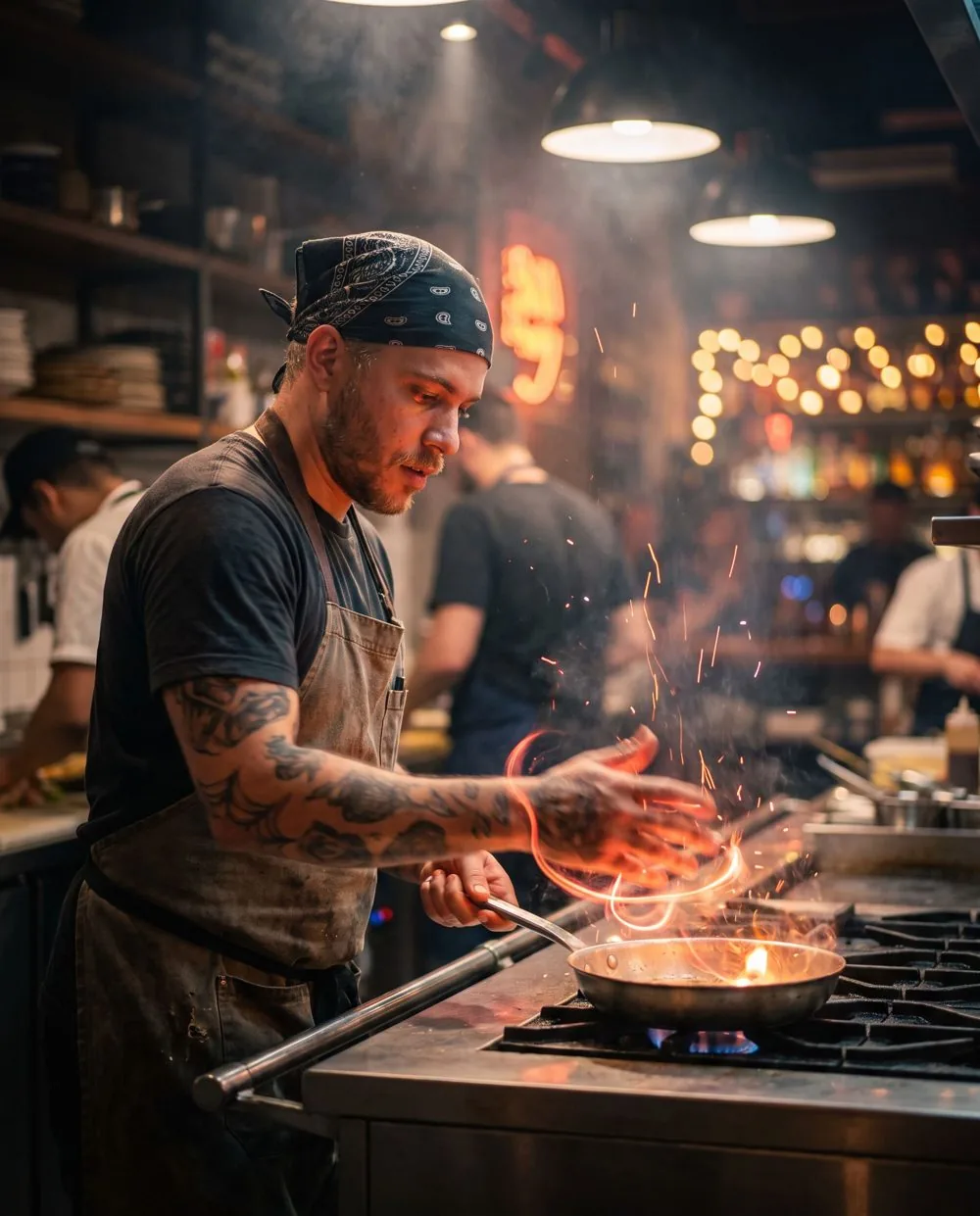 Retrato: chef tatuado na cozinha, a luz nascendo das mãos sobre o tablet no balcão de inox