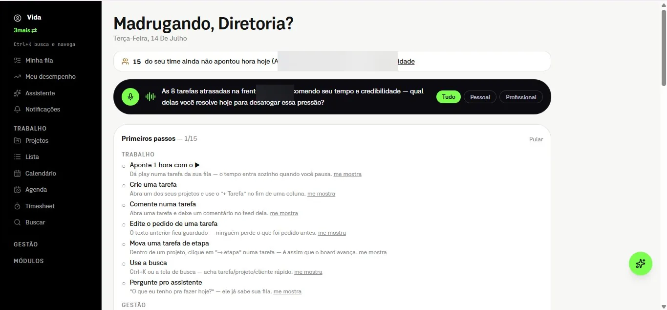 Painel de comando: o assistente de IA priorizando o dia (nomes ocultados)