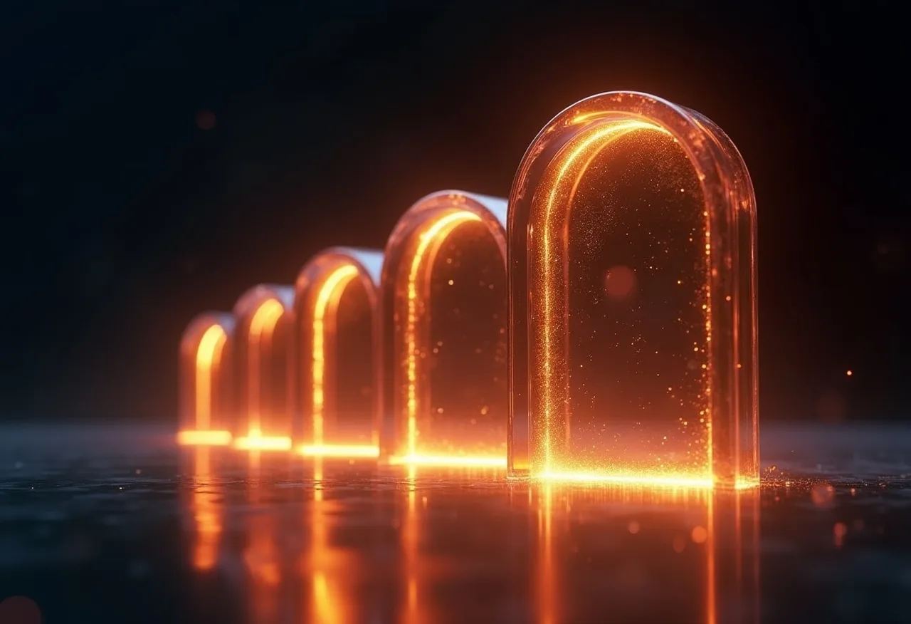 Portões de luz dourada em sequência, cada um mais brilhante que o anterior, simbolizando as etapas do método Cycle Engineering