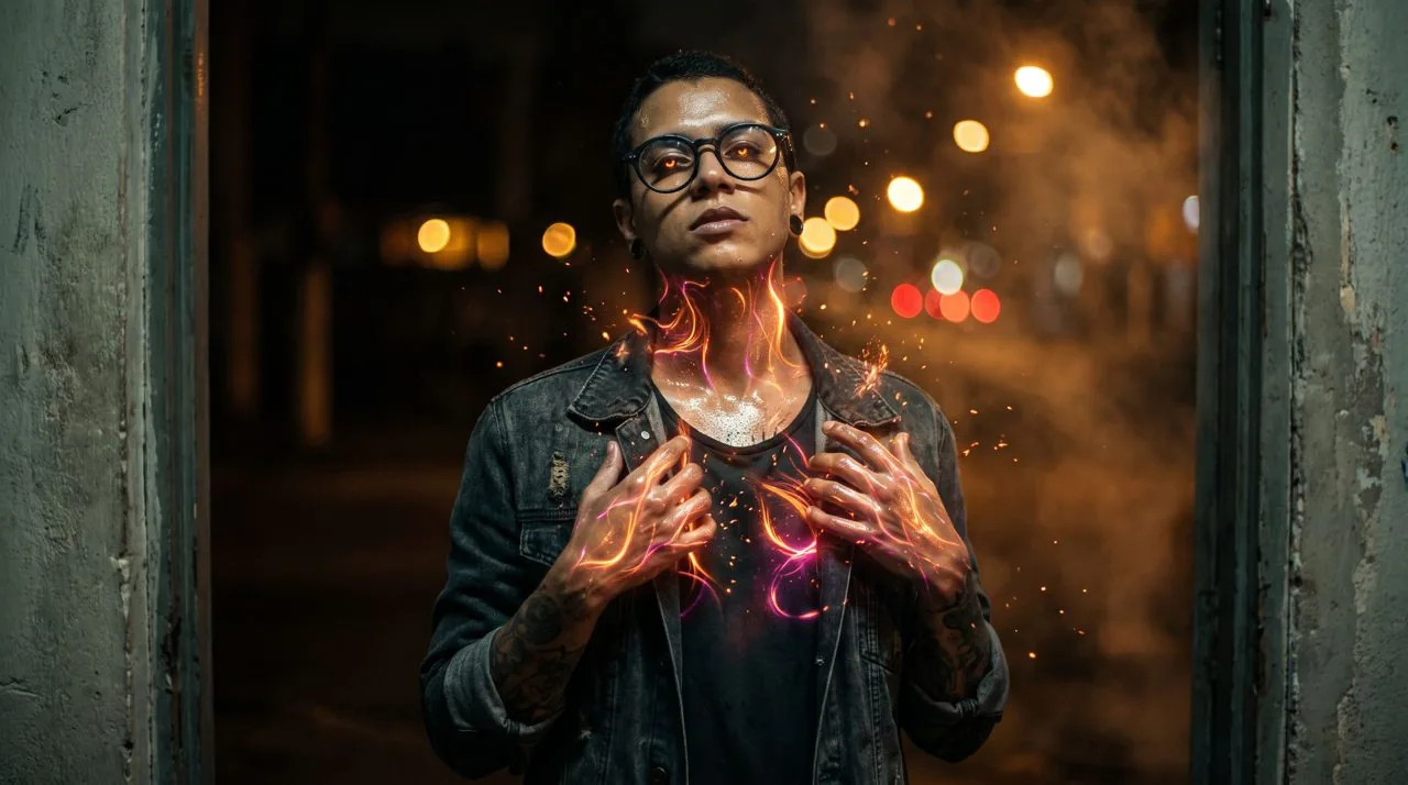 Figura humana com luz nascendo de dentro do peito, iluminando o escuro ao redor