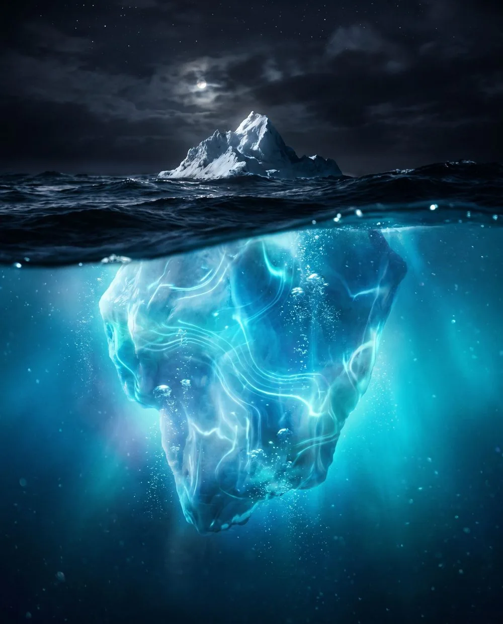Iceberg: a ponta pequena fora da água é o chatbot; o bloco gigante submerso é o processo, o dado e a cultura